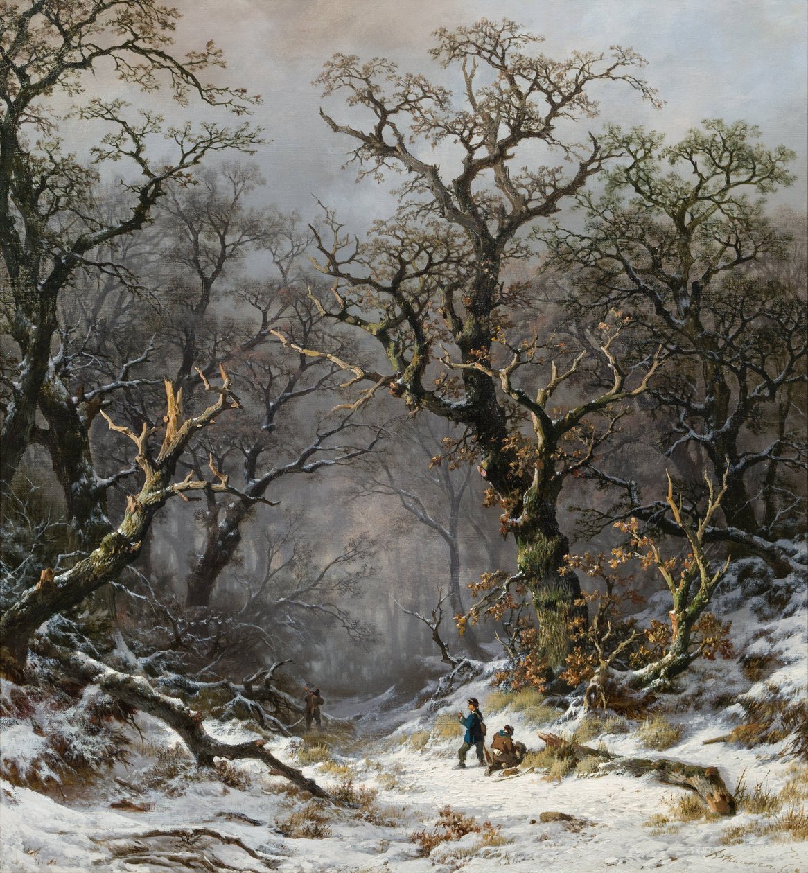 Jagers in het bos in de winter door Remigius Adrianus Haanen