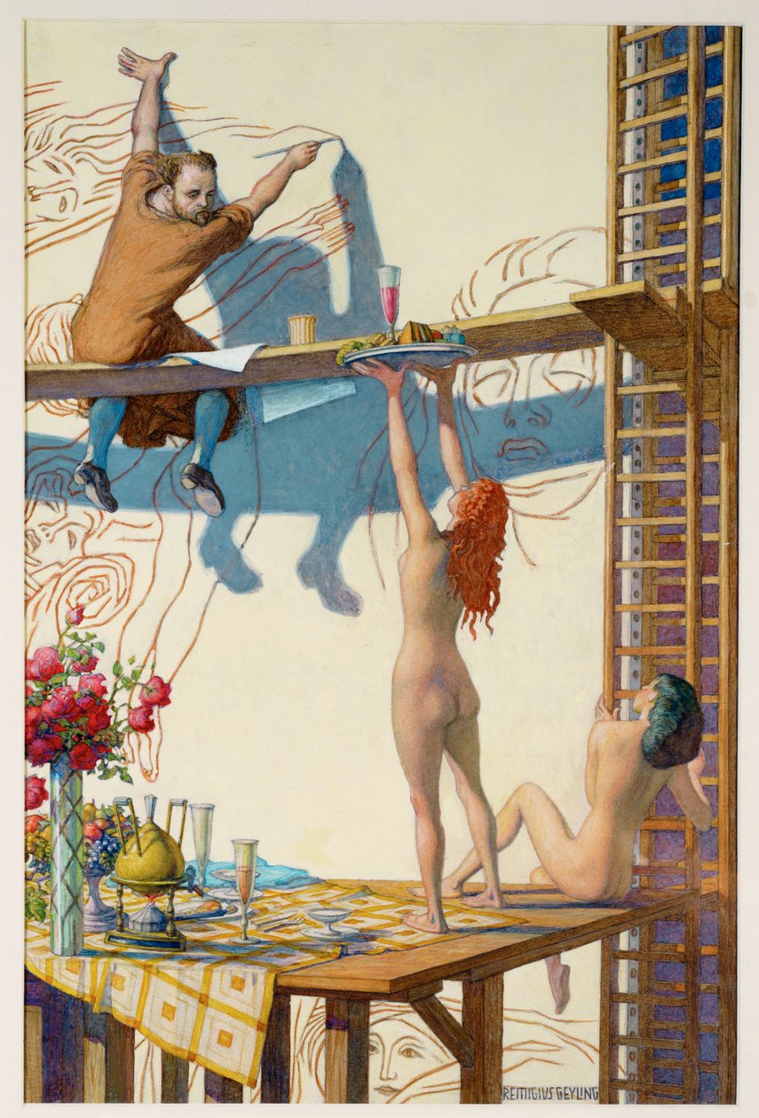 Klimt werkt aan zijn muurschildering Filosofie voor de grote hal van de Weense universiteit ... (aquarel) door Remigius Geyling