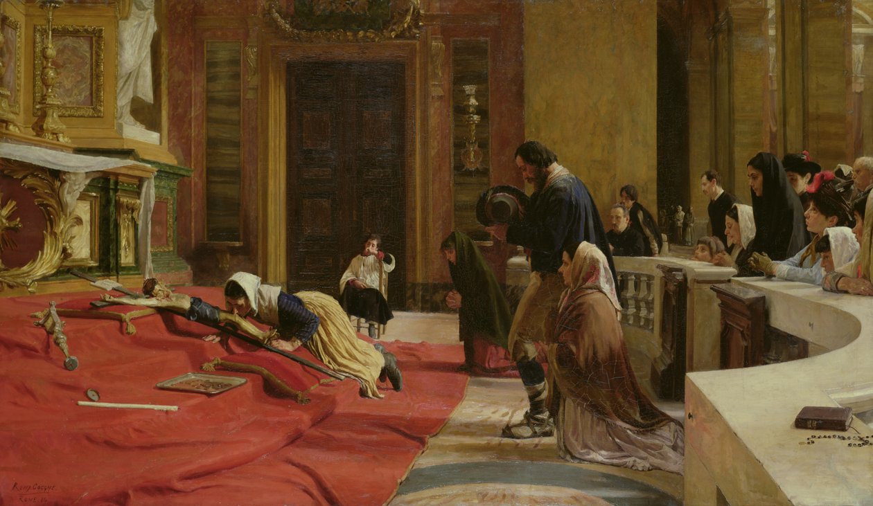 Kruipen naar het kruis op Goede Vrijdag in de kerk van San Carlo ai Catinari, Rome, 1884 door Remy Cogghe