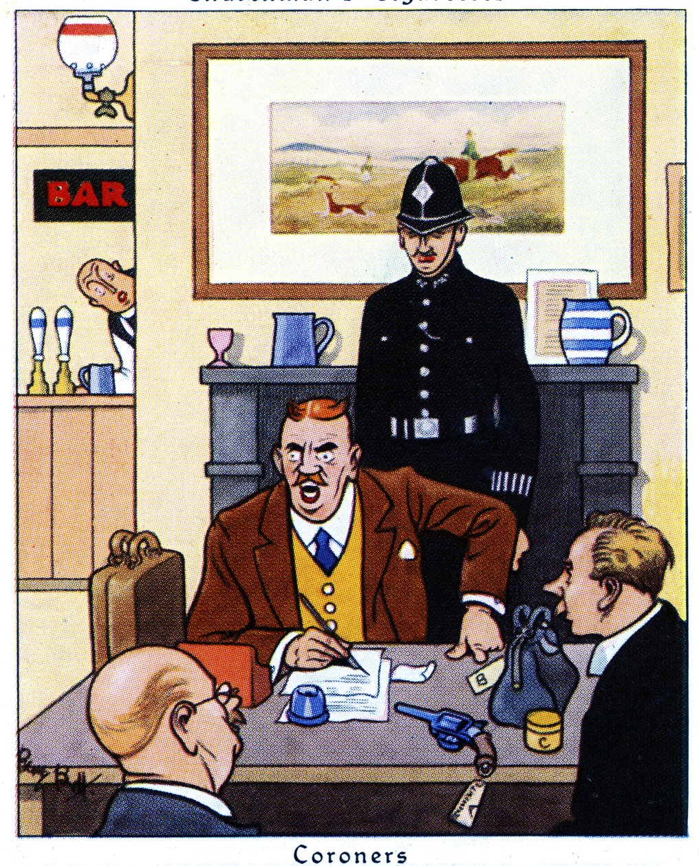 Lijkschouwer die een onderzoek leidt naar de oorzaken en omstandigheden van een overlijden, 1936 door René Bull