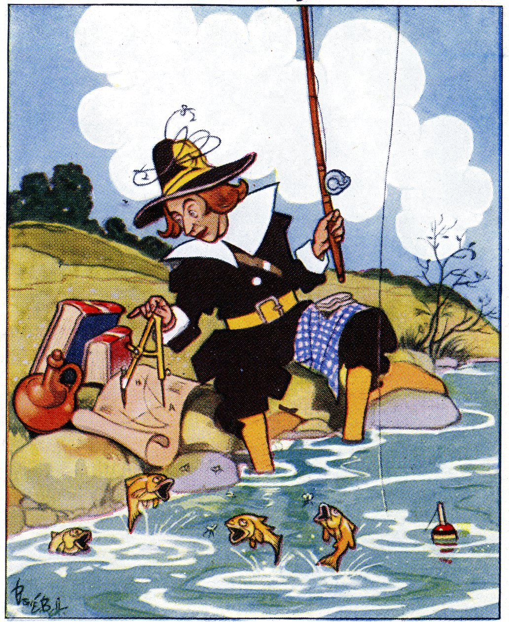 Izaak Walton bestudeert de hoeken van Euclides tijdens het vissen, 1936 door René Bull