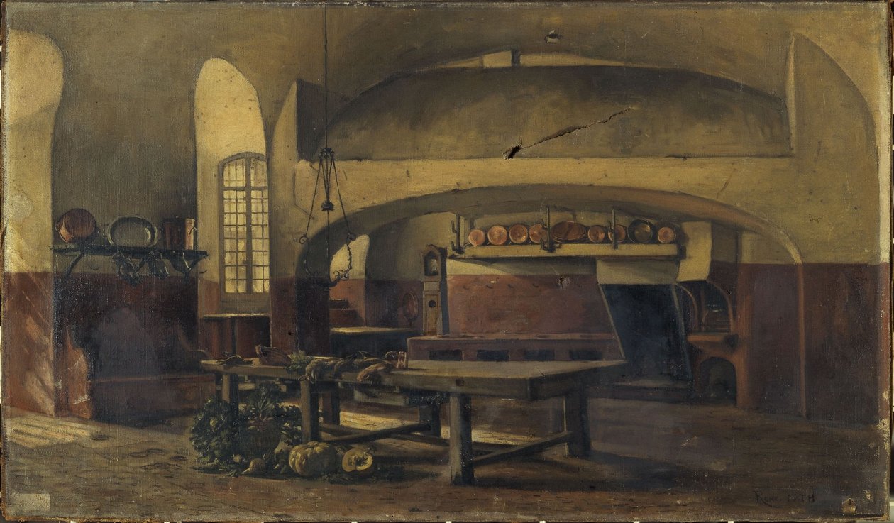 De keukens van het kasteel van Maisons-sur-Seine, ca. 1881 -1891 (olieverf) door René Maurice Fath
