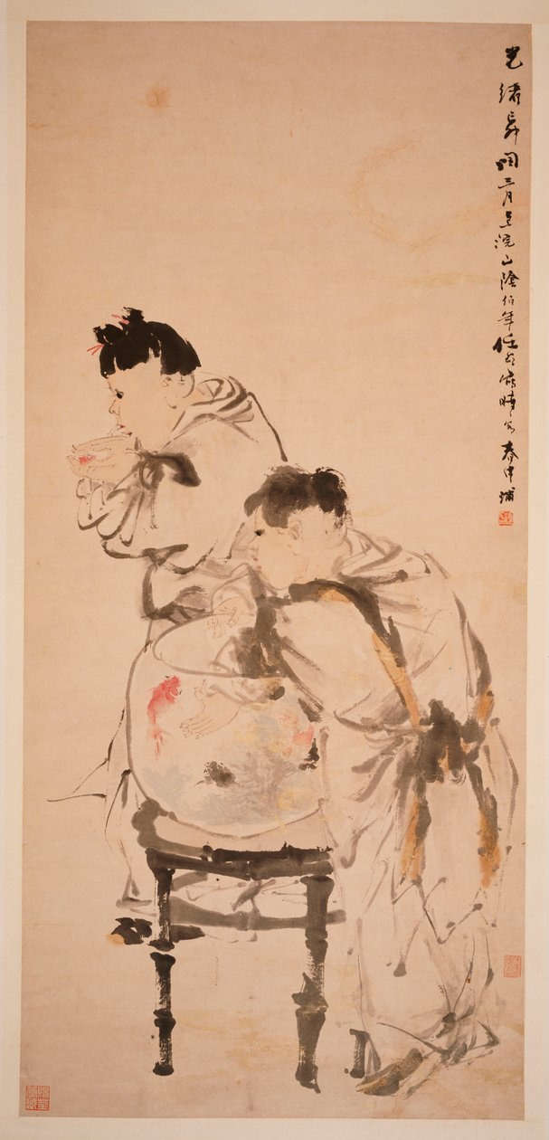 Twee jongens die met goudvissen spelen, 1879 door Ren Yi