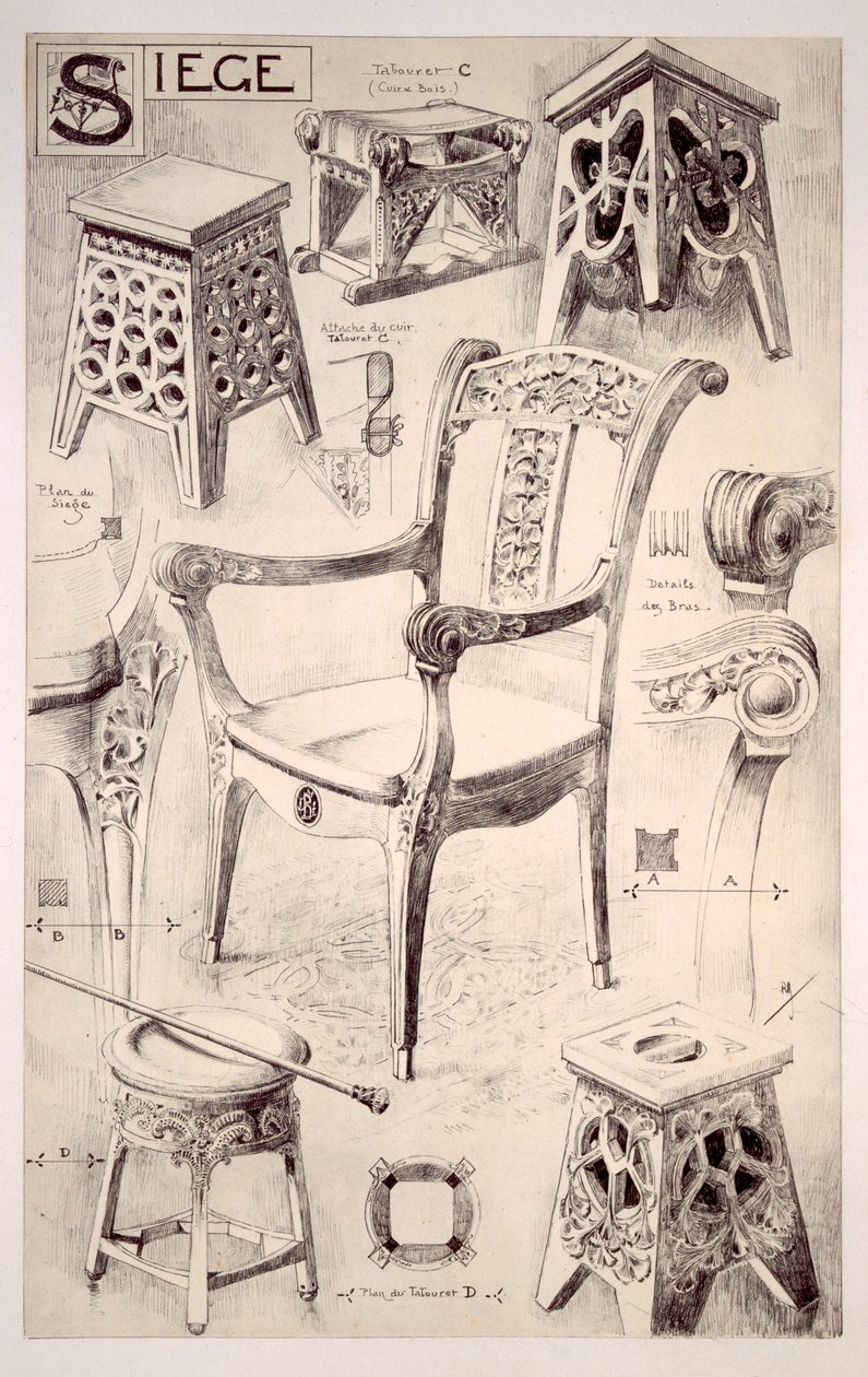 Ontwerpen voor stoelen en krukken door Rene Binet