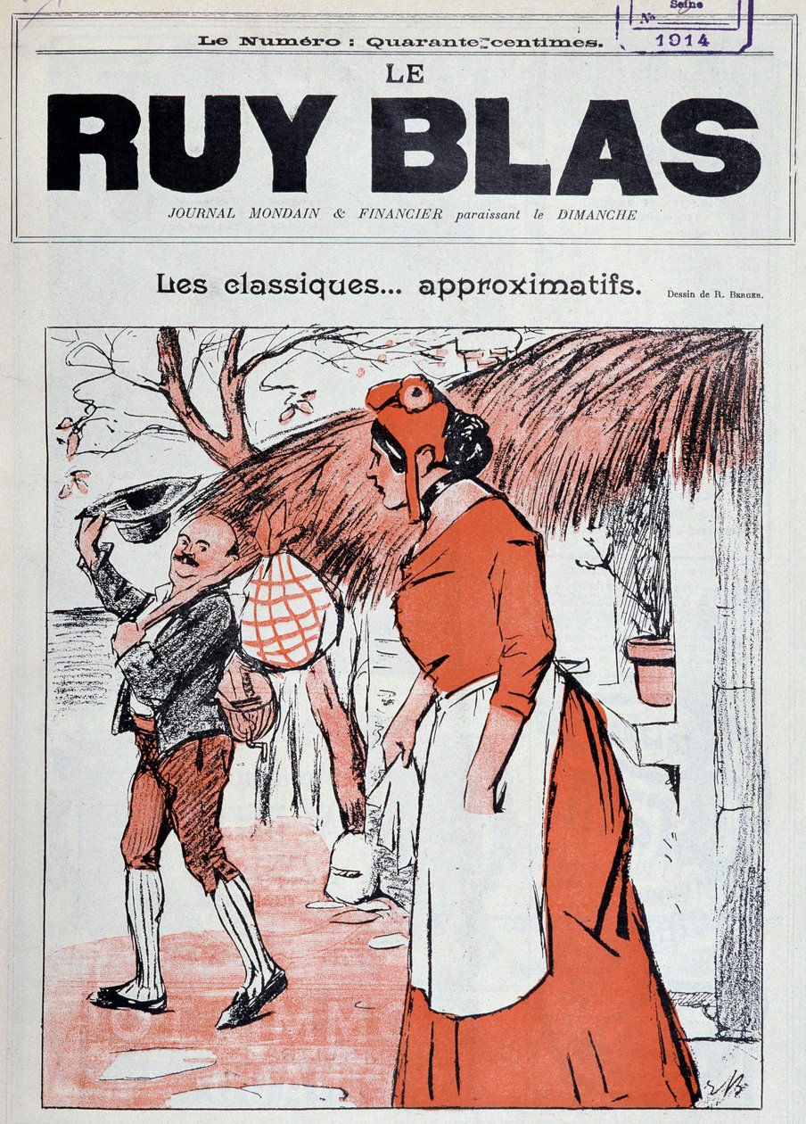 Marianne als boerin, met een zakdoek in haar hand, op de stoep van haar huis kijkend naar een man die weggaat om haar te groeten - Tekening door R. Berger voor de omslag van Ruy Blas, januari 1 door Rene Berger