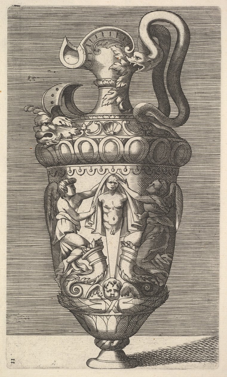 Vaas met twee gevleugelde figuren die een term draperen door Rene Boyvin