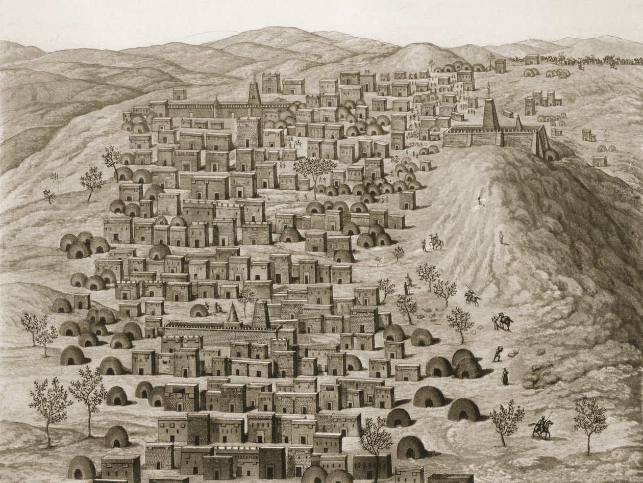 Uitzicht op een deel van de stad Timboektoe vanaf een heuvel, illustratie uit Journal dun Voyage a Tombouctou et a Jenne, 1830 door Rene Caillie