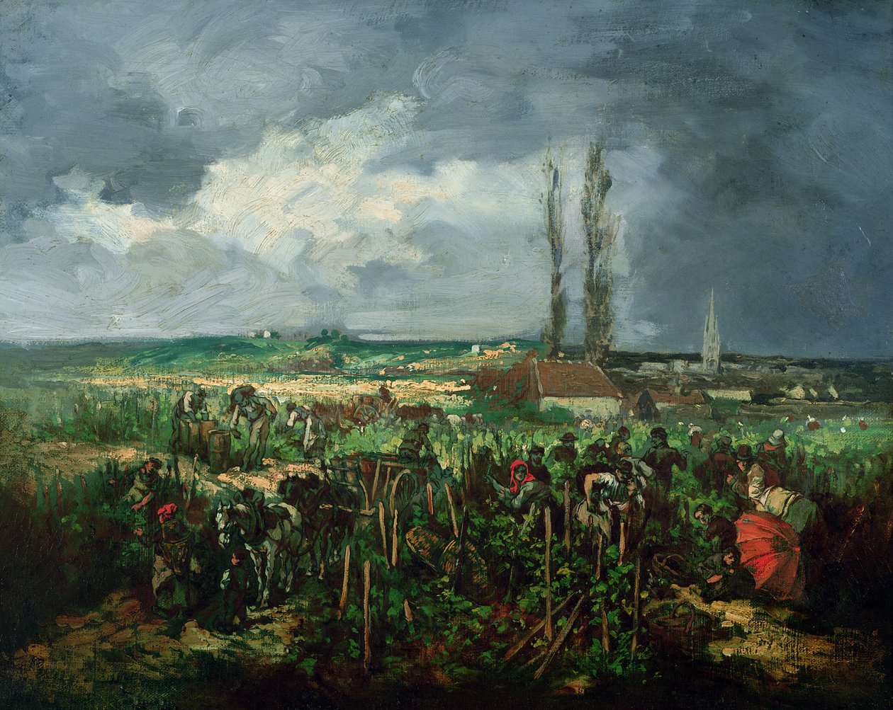 De druivenoogst in Argenteuil, 1875 door Rene Charles Louise Debreaux