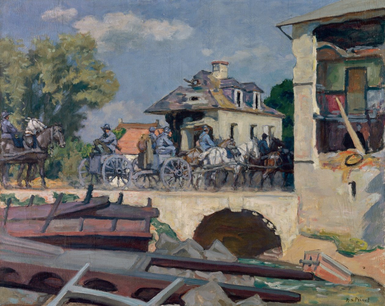 Artillerie op mars naar het front door Rene Francois Xavier Prinet