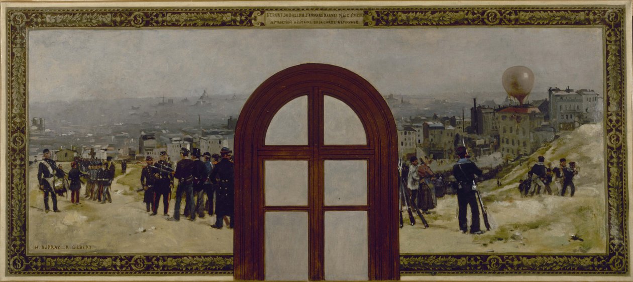 Schets voor het kantoor van de prefect in het Stadhuis van Parijs: Het vertrek van de "Armand Barbès" ballon, Nationale Garde instructie door Rene Joseph Gilbert