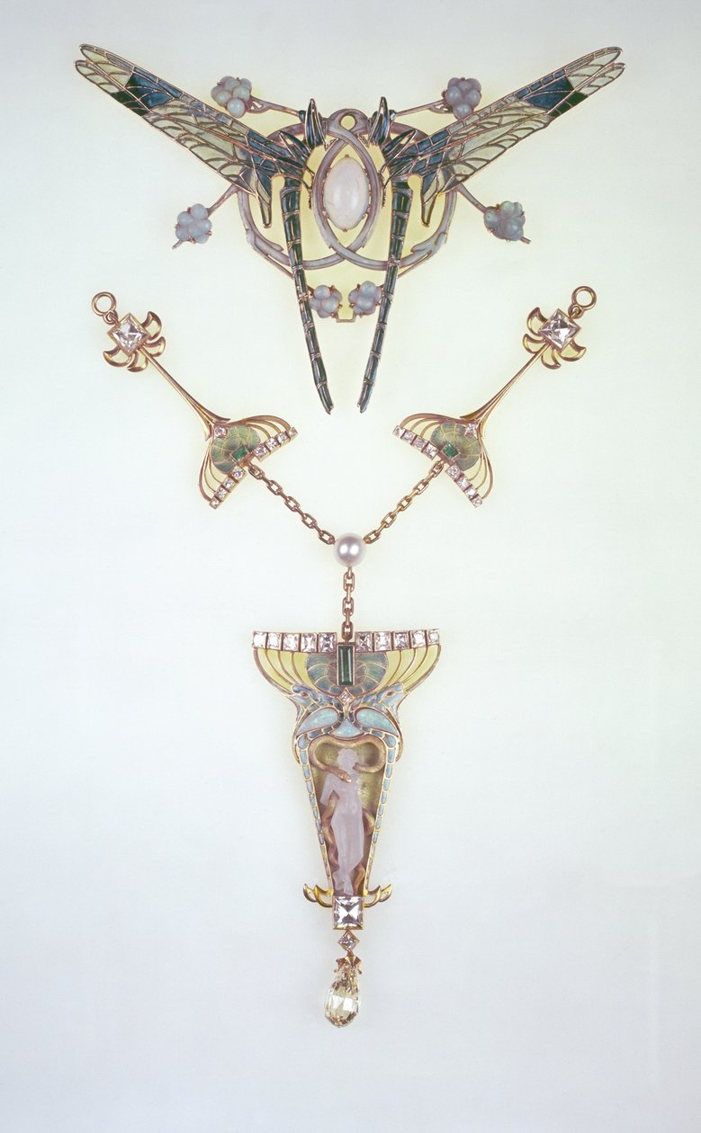 Haarornament door Lalique en hanger door Philippe Wolfers door Rene Jules Lalique