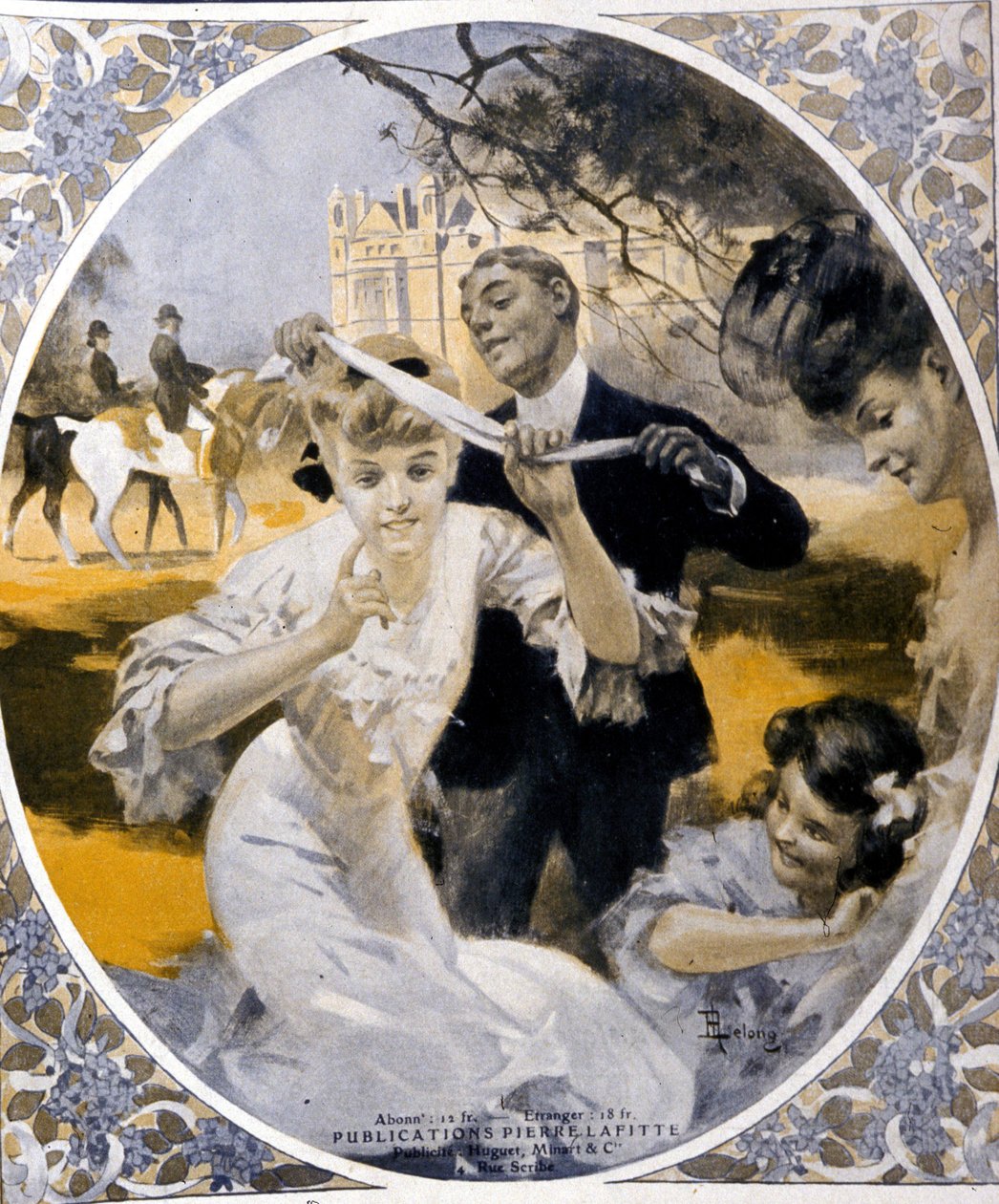 Tuinspelen: voorbereiding van een spel van haaknet, begin van de eeuw. Illustratie door Rene Lelong (1871-1933) door Rene Lelong