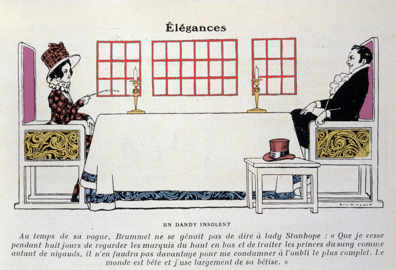 Een afbeelding van Beau Brummell (George Bryan Brummell) (1778-1840) aan tafel voor Lady Stanhope, hij gaf geboorte aan de uitdrukking 