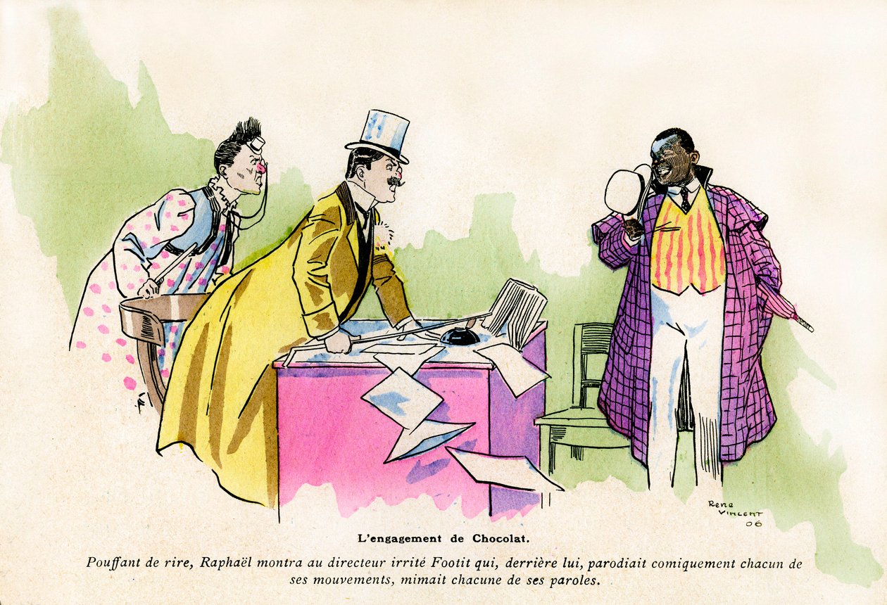 Het engagement van Chocolat door de directeur van de Nouveau Cirque de Paris - clownsduo van George Footitt (soms geschreven als FootIT of Footitt, zijn echte naam Tudor Hall, witte clown door Rene Vincent
