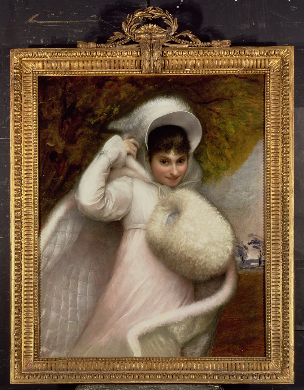 Portret van een dame in een witte jurk door Rev. Mathew William Peters