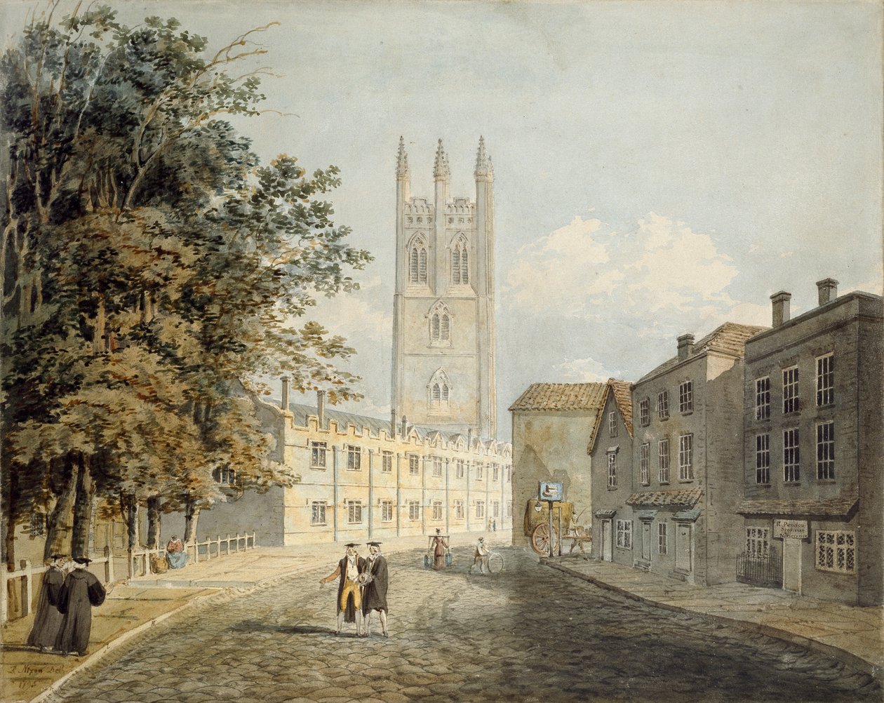 Magdalen College en het Oostelijke Einde van de Hoofdstraat, Oxford, 1795 door Rev Robert Nixon