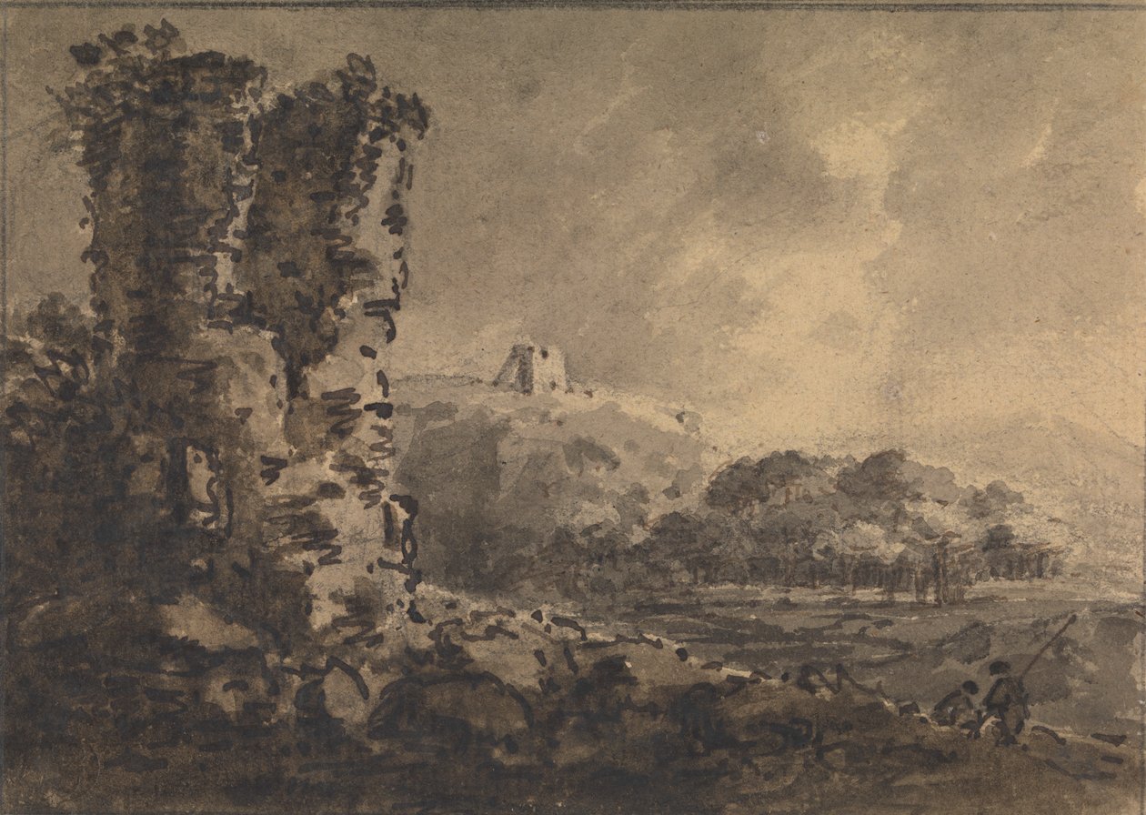 Klassiek Landschap met Ruïne Links, Twee Figuren Rechts door Rev. William Gilpin