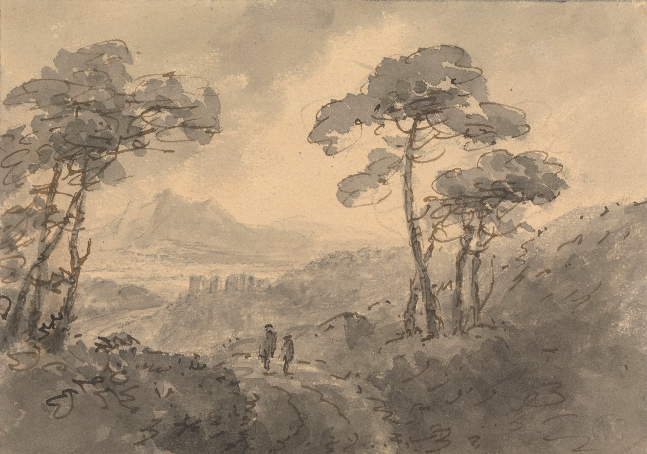 Berglandschap met twee figuren op een kronkelende weg door Rev. William Gilpin