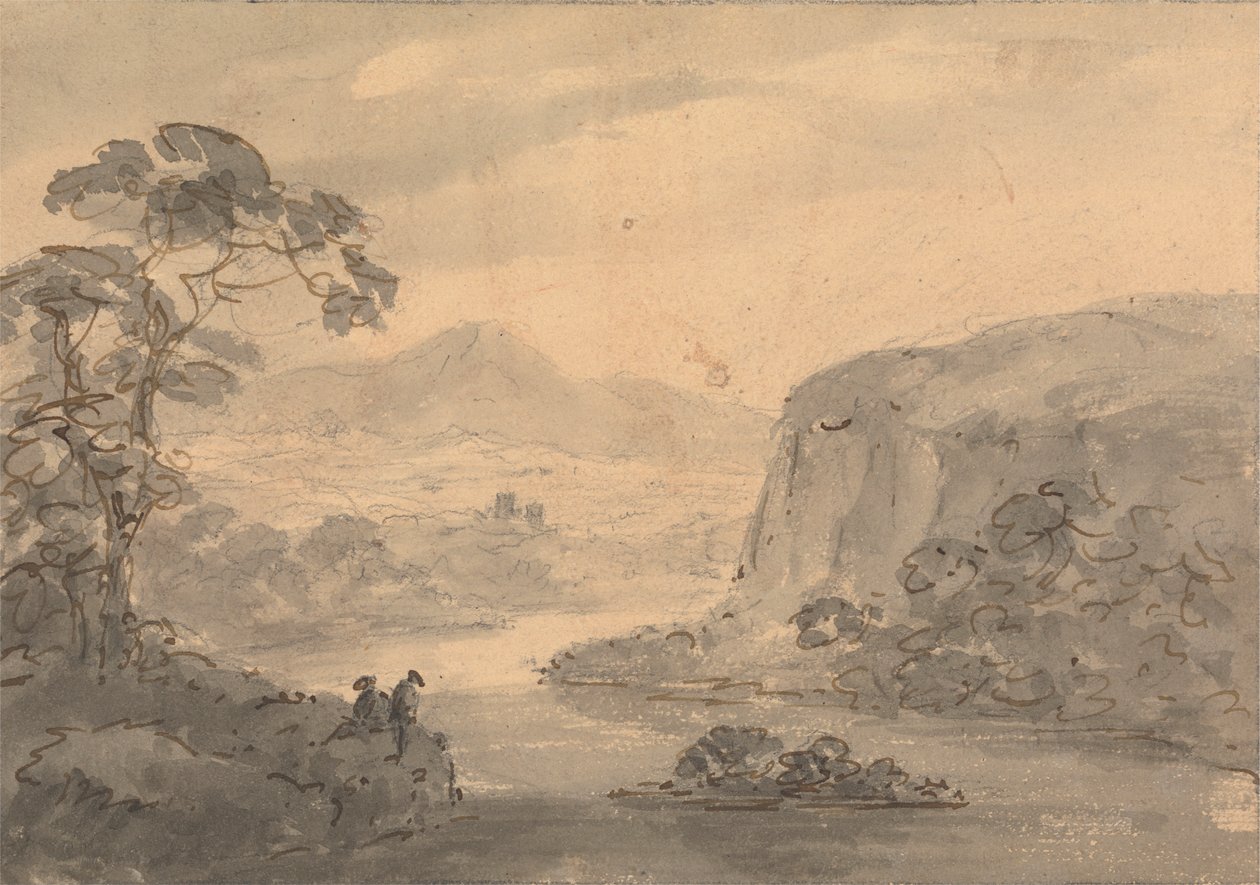 Bergachtig Landschap met Twee Figuren die uitkijken over een Meer door Rev. William Gilpin