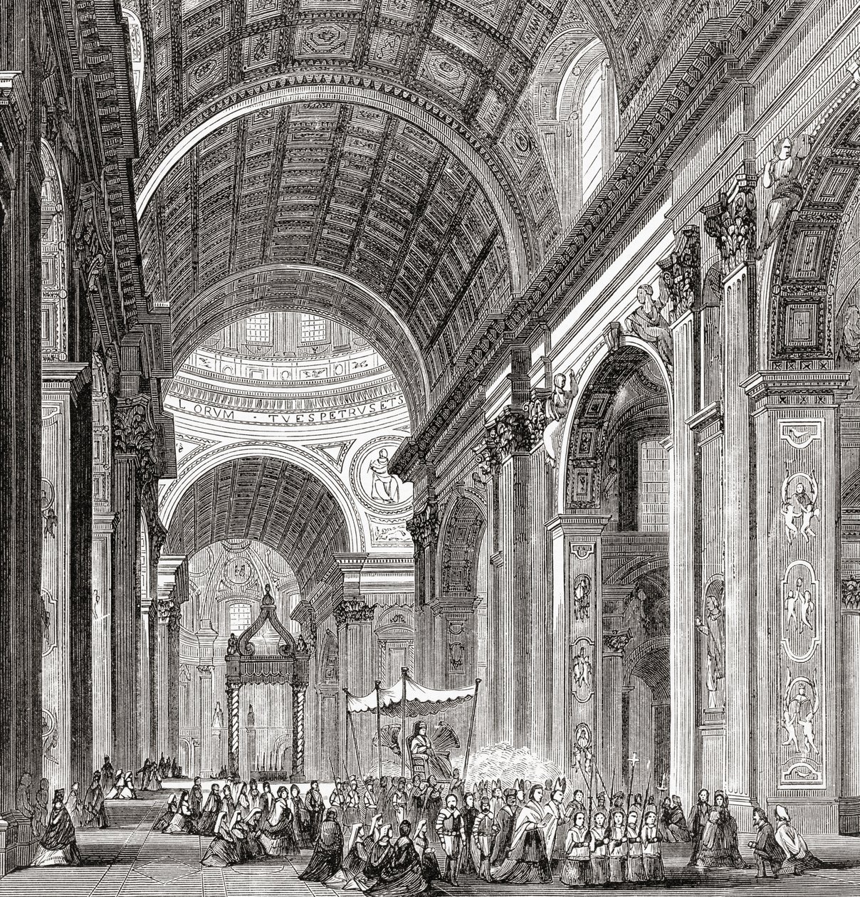 Een processie in de Sint-Pietersbasiliek, Vaticaanstad, Rome, Italië in de late 19e eeuw. Uit Italiaanse foto