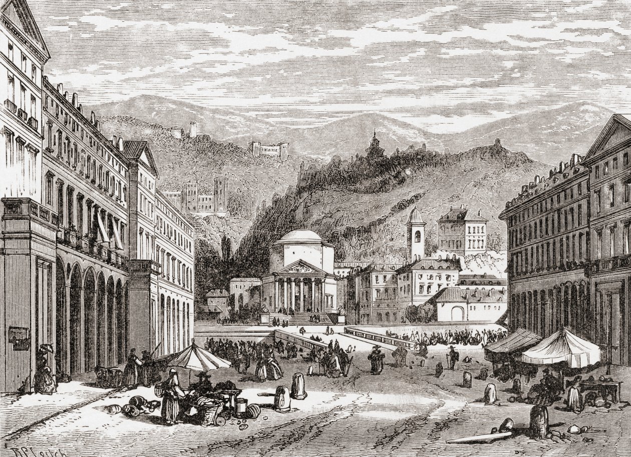 Een straat in Turijn, Italië in de late 19e eeuw. Uit Italiaanse afbeeldingen door Rev. Samuel Manning, gepubliceerd ca. 1890. door Reverend Samuel Manning