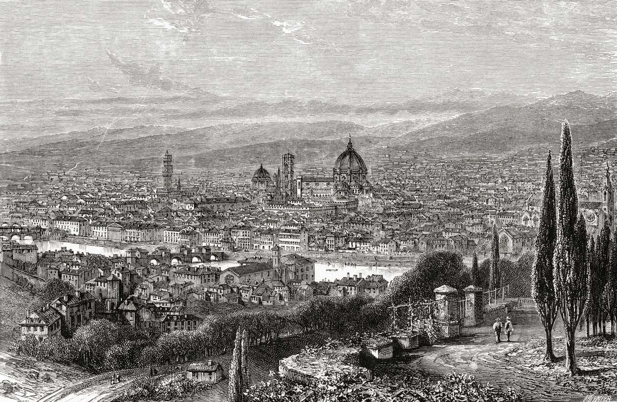 Een uitzicht op Florence, Toscane, Italië vanaf het terras van San Miniato, in de late 19e eeuw. Uit Italiaanse Prenten door Rev. Samuel Manning, gepubliceerd c.1890. door Reverend Samuel Manning