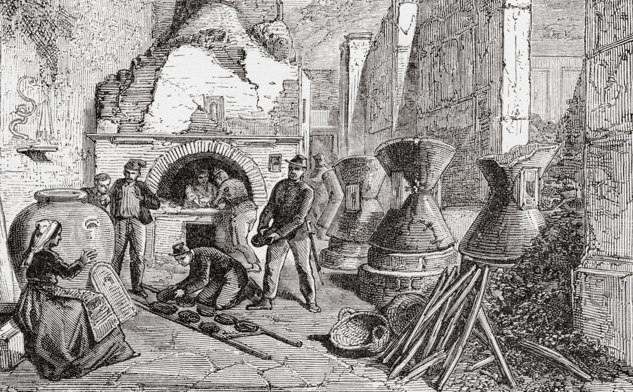 Bakkerijoven, brood- en meelmolens ontdekt bij de opgravingen in Pompeii, Napels, Italië in de late 19e eeuw. Uit Italiaanse Afbeeldingen door Rev. Samuel Manning, gepubliceerd ca. 1890. door Reverend Samuel Manning