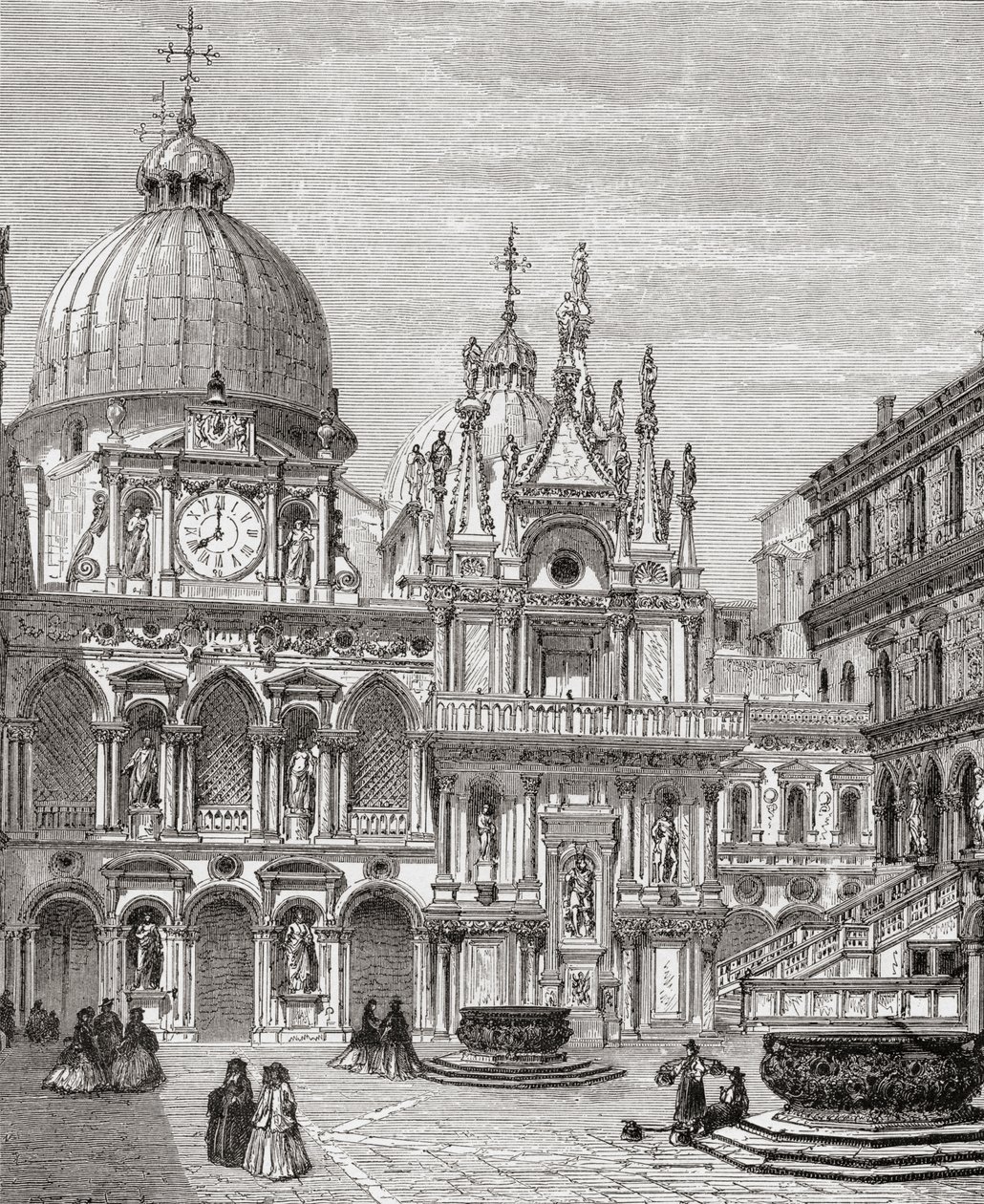 Binnenplaats van het Dogepaleis, Venetië, Italië in de late 19e eeuw. Uit Italiaanse foto
