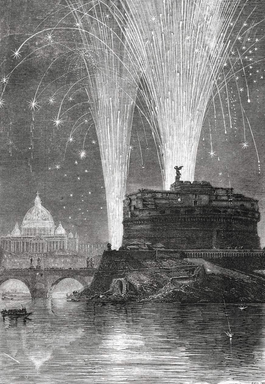 Verlichting van St. Pieter en vuurwerkshow op de Castel Sant