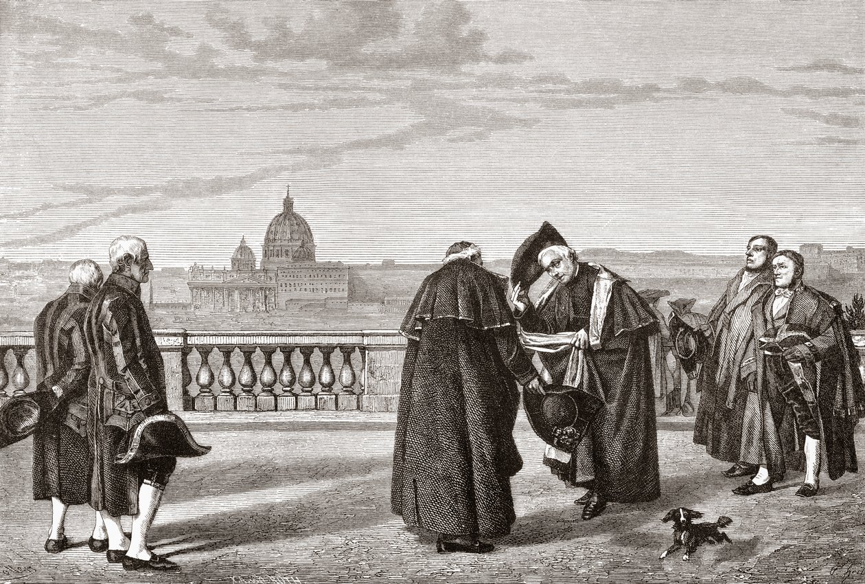 Op de Pincio-heuvel, Rome, Italië, met de Sint-Pieter op de achtergrond in de late 19e eeuw. Uit Italiaanse afbeeldingen door Rev. Samuel Manning, gepubliceerd ca. 1890. door Reverend Samuel Manning