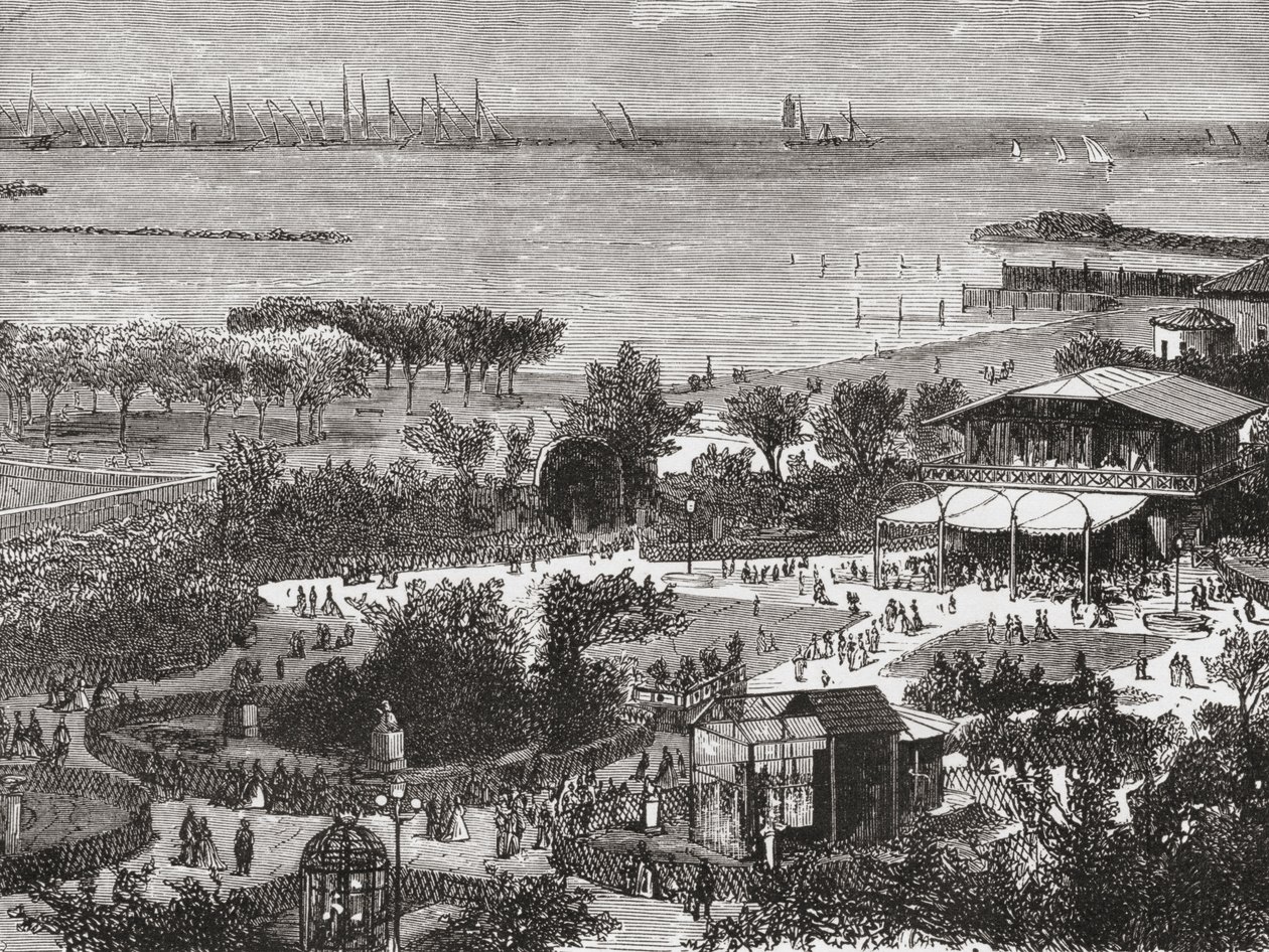 Openbare tuinen en rede van Livorno, ook bekend als Leghorn, Toscane, Italië in de late 19e eeuw. Uit Italiaanse afbeeldingen door Rev. Samuel Manning, gepubliceerd ca. 1890. door Reverend Samuel Manning