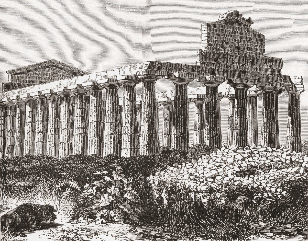 Tempel in Paestum, Italië in de late 19e eeuw. Uit Italiaanse Afbeeldingen door Rev. Samuel Manning, gepubliceerd ca. 1890. door Reverend Samuel Manning