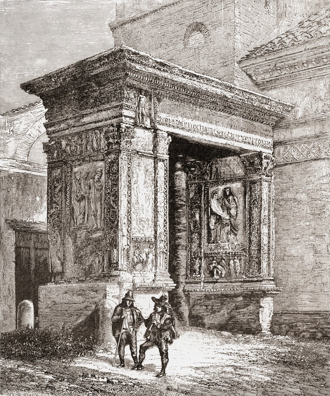 De Arcus Argentariorum, in de westelijke muur van de kerk van San Giorgio al Velabro, Rome, Italië in de late 19e eeuw. Uit Italiaanse afbeeldingen door Rev. Samuel Manning, gepubliceerd ca. 1890. door Reverend Samuel Manning