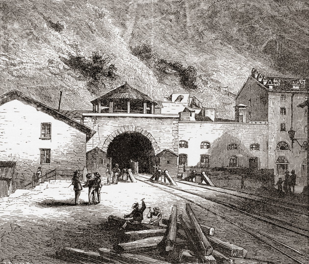 De Fréjus-spoortunnel ook wel de Mont Cenis-tunnel genoemd, Europese Alpen, vanaf de Italiaanse kant in de late 19e eeuw. Uit Italiaanse afbeeldingen door Rev. Samuel Manning, gepubliceerd ca. 1890. door Reverend Samuel Manning
