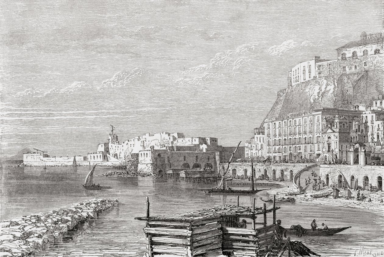 De kade van Santa Lucia, Napels, Italië in de late 19e eeuw. Uit Italiaanse foto