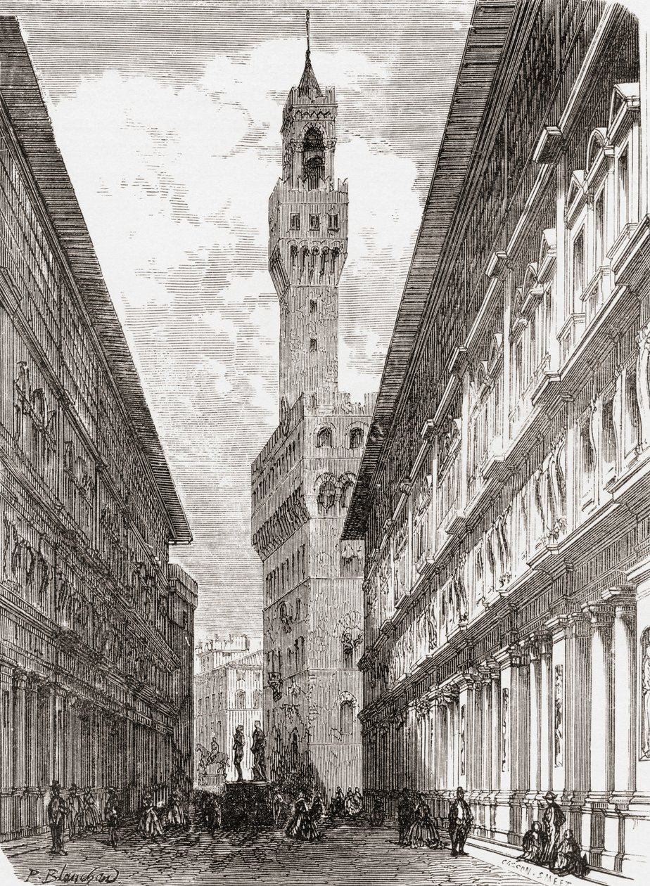 De Uffizi, het Palazzo Vecchio en beelden op Piazza della Signoria, Florence, Italië in de late 19e eeuw. Uit 
