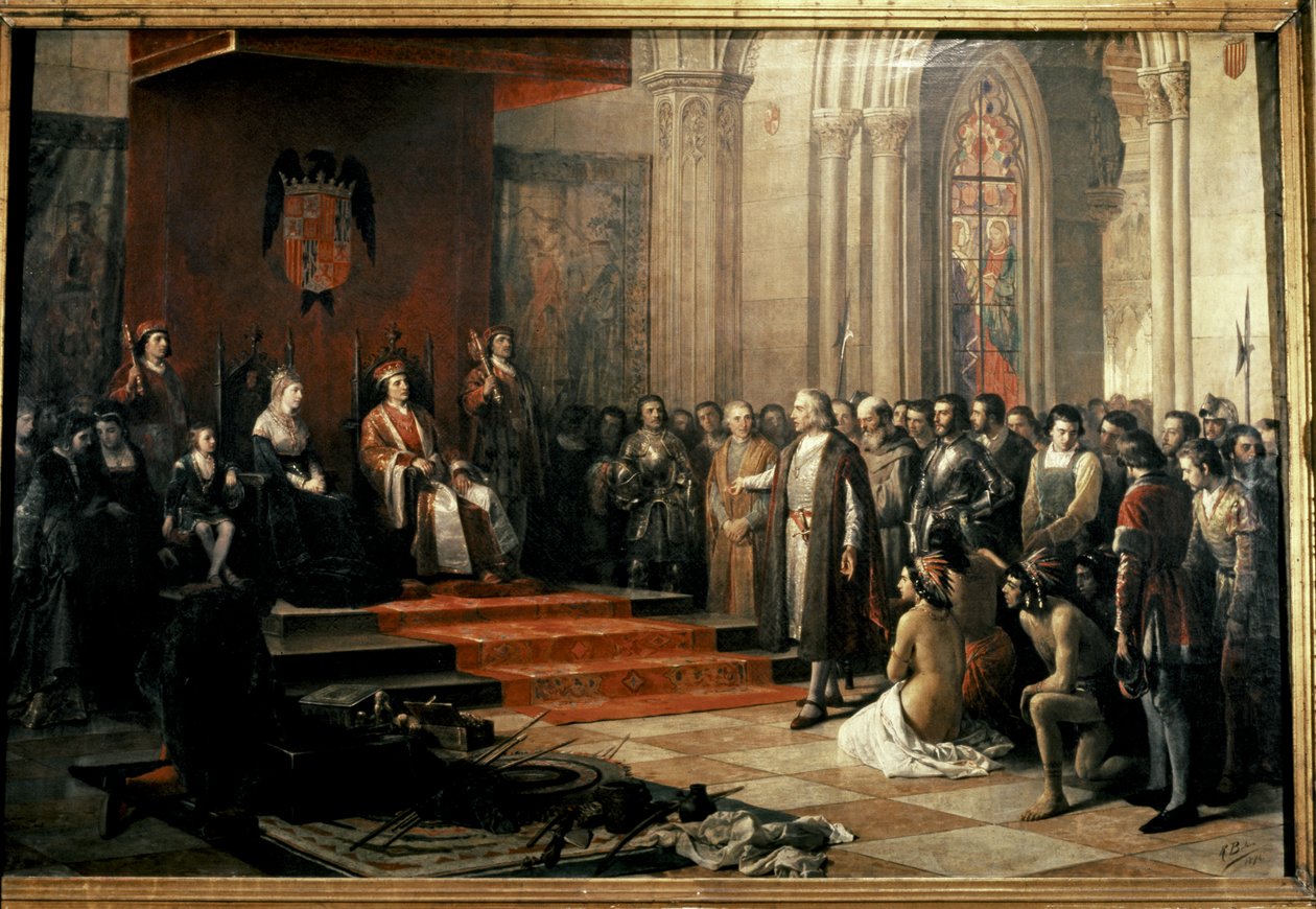 Columbus met de Katholieke Koningen (Isabella en Fernando) van... door Ricardo Balaca y Canseco