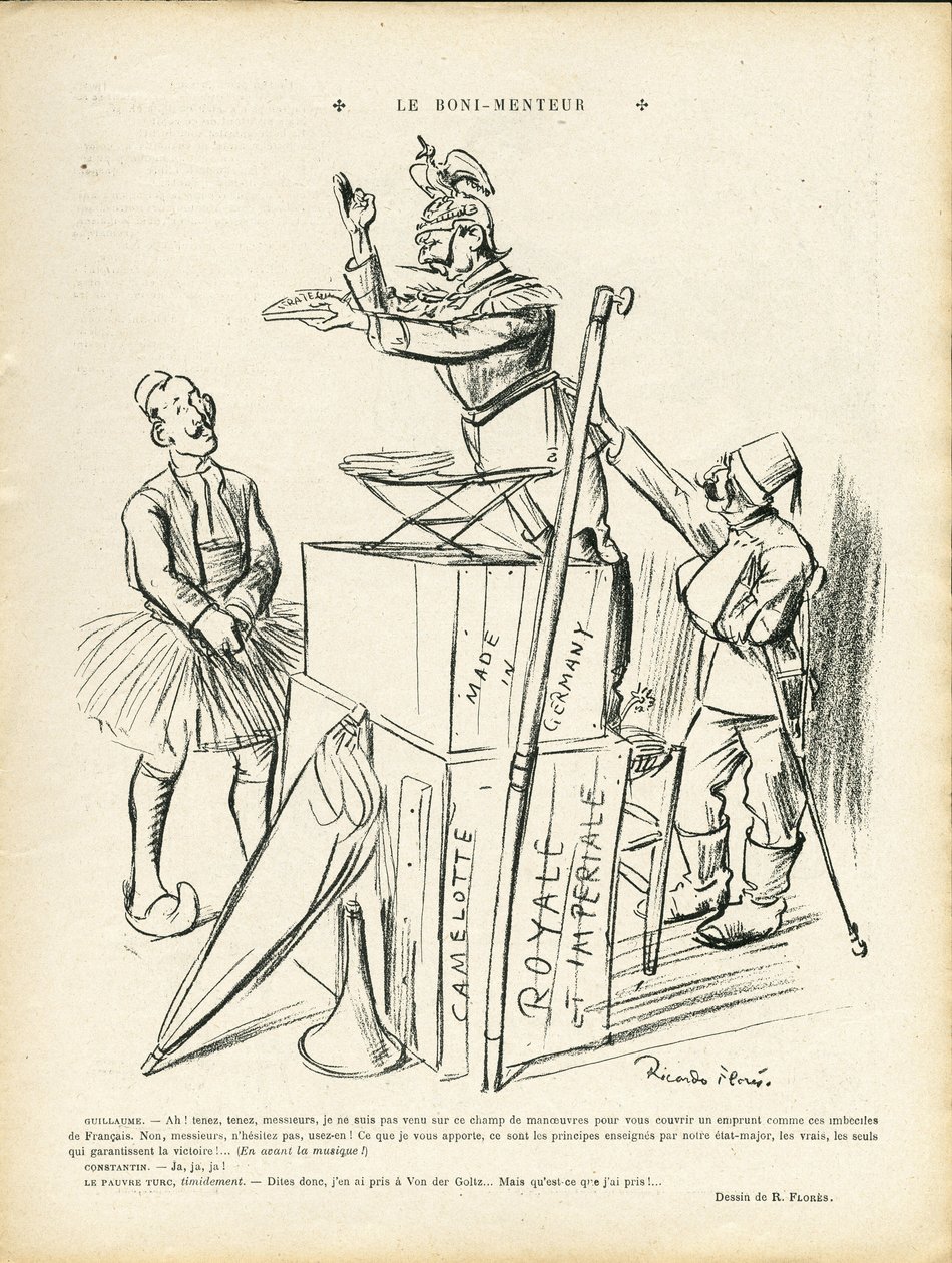 Illustratie van Ricardo Flores (1878-1918) in Le Lire, 20/09/13 - De Leugenaar - Duitsland Pruisen, Turkije, Oorlog van 14-18 Eerste Muizen - Wilhelm II door Ricardo Flores