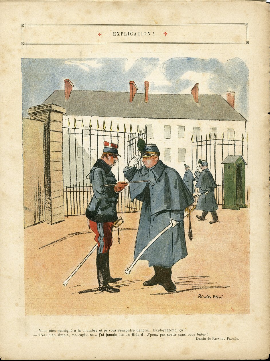 Illustratie van Ricardo Flores (1878-1918) in Le Lire, 23/04/10 - Uitleg - Leger, Kazerne door Ricardo Flores