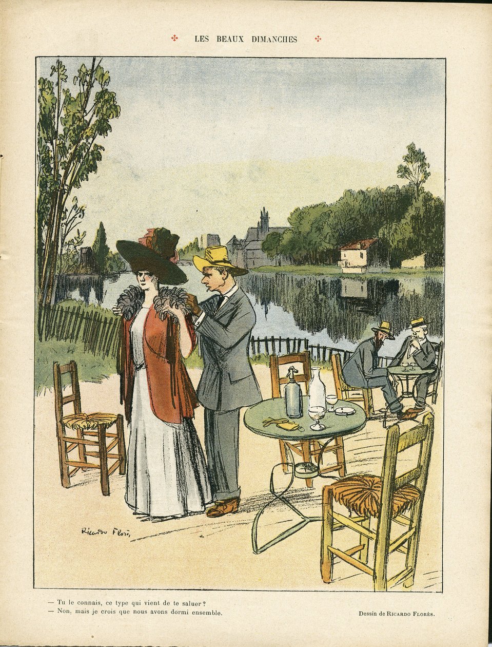 Illustratie van Ricardo Flores (1878-1918) in Le Rire, 04/07/08 - Mooie zondagen - Vrije tijd, Natuur, Architectuur, Restaurant, Cafés, Zee door Ricardo Flores
