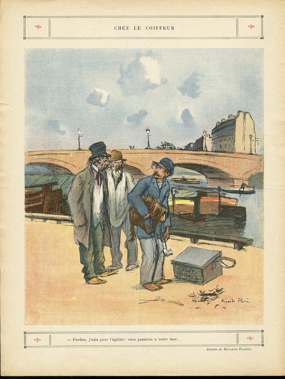 Illustratie van Ricardo Flores (1878-1918) in Le Rire, 05/10/12 - Bij de kapper - Parijs, Beroepen, Stedelijke architectuur, Brug, Rivier - Hond, Kapper door Ricardo Flores