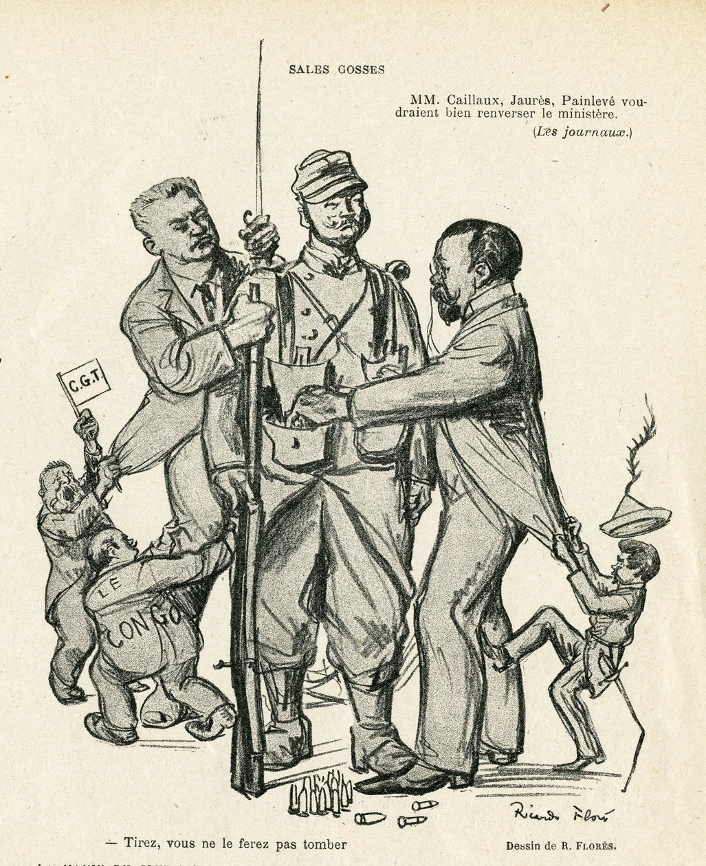 Illustratie van Ricardo Flores (1878-1918) in Le Rire, 21/06/13 - Verkoop kinderen - Leger, Militaire Dienst, Socialisme - Jaurès Jean, Caillaux Joseph (1863-1944), Painlevé Paul (1863-1933) door Ricardo Flores