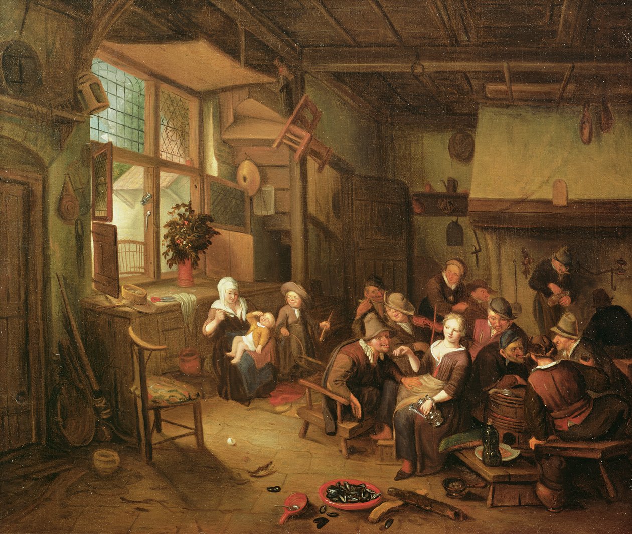 Interieur met drinkende boeren door Richard Brakenburgh