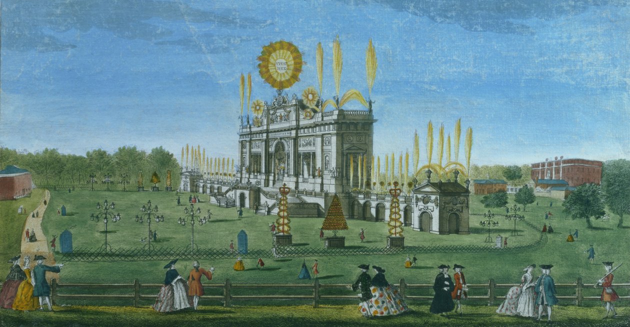 Een perspectivisch uitzicht op het gebouw voor het vuurwerk in het Green Park, gezien vanaf het reservoir, gegraveerd door Paul Angier, 1749 door Richard Brookes
