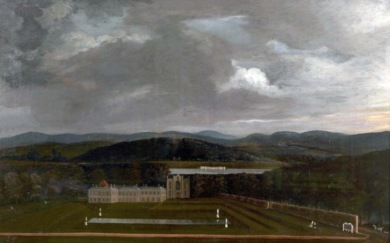 Oostelijk uitzicht op Newstead Abbey, Nottinghamshire en de grote tuin, 1758 door Richard Byron