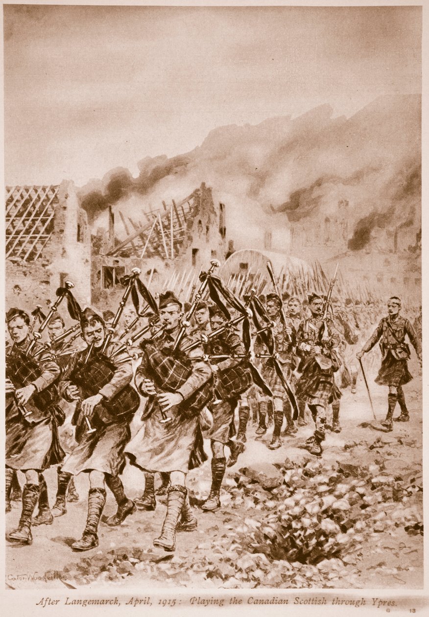 Na Langemarck, april 1915: Het spelen van de Canadian Scottish door Ieper door Richard Caton Woodville junior