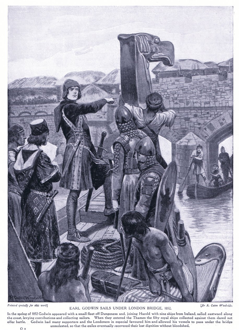 Graaf Godwin vaart onder de London Bridge AD1025, jaren 1920 door Richard Caton Woodville junior