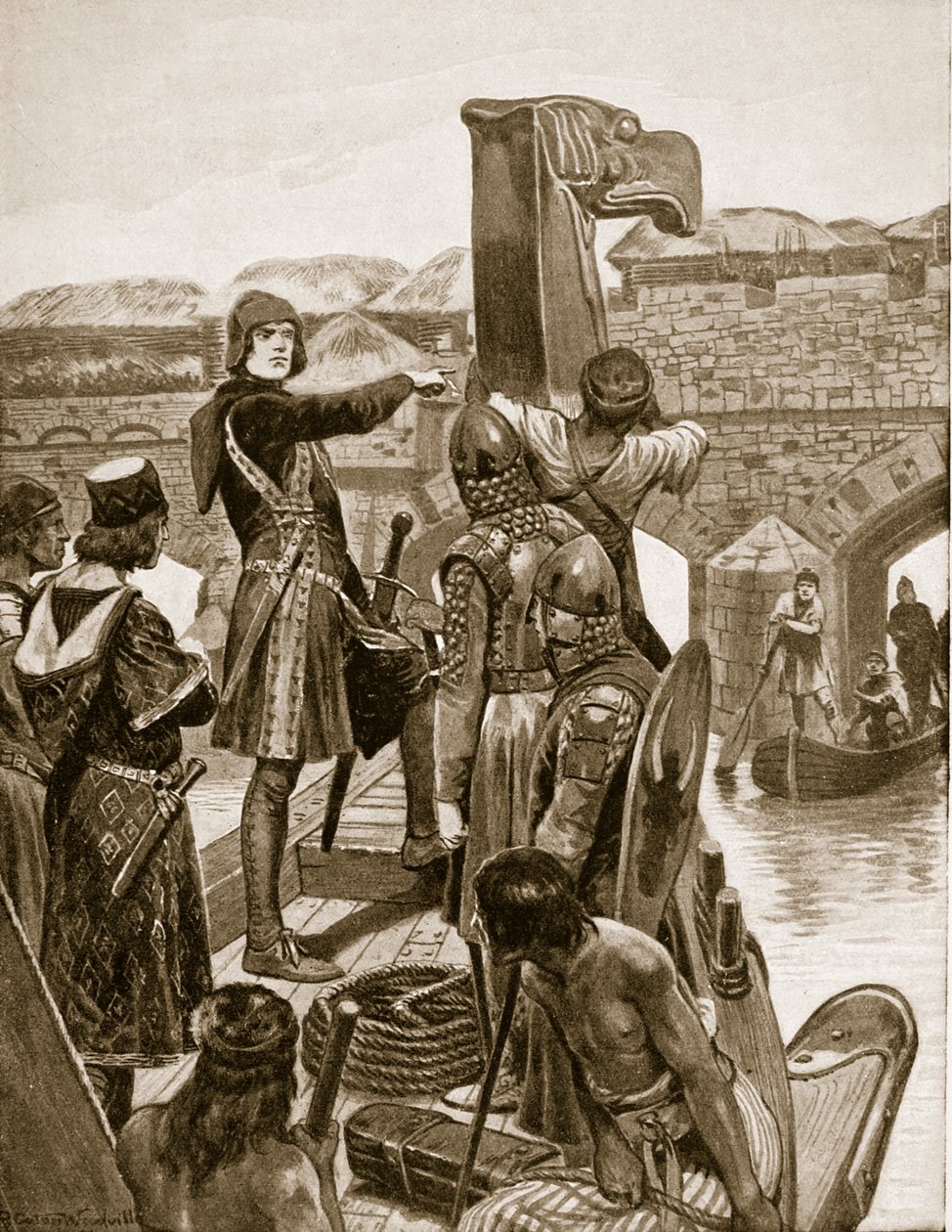 Earl Godwin vaart onder de London Bridge in 1052, om zich bij zijn zoon Harold te voegen met 9 schepen uit Ierland, illustratie uit 