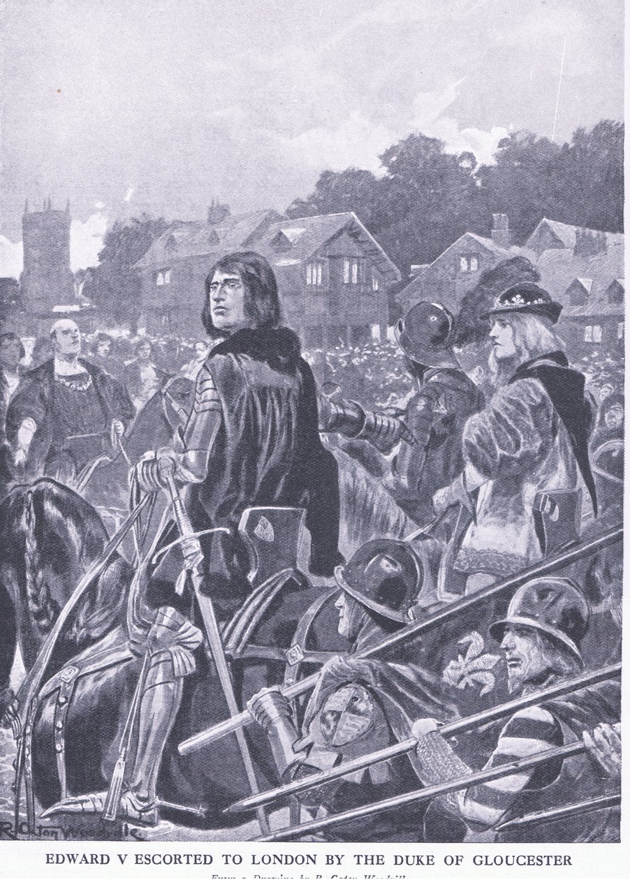Edward V begeleid naar Londen door de hertog van Gloucester, uit Cassells History of the British People gepubliceerd door de Waverley Book Company Limited, ca. 1940 door Richard Caton Woodville junior
