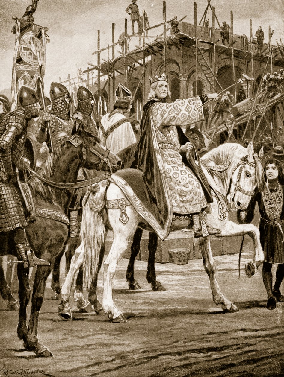 Edward de Belijder kijkt naar de bouw van Westminster Abbey, de eerste Normandische kerk gebouwd in Engeland, illustratie uit 